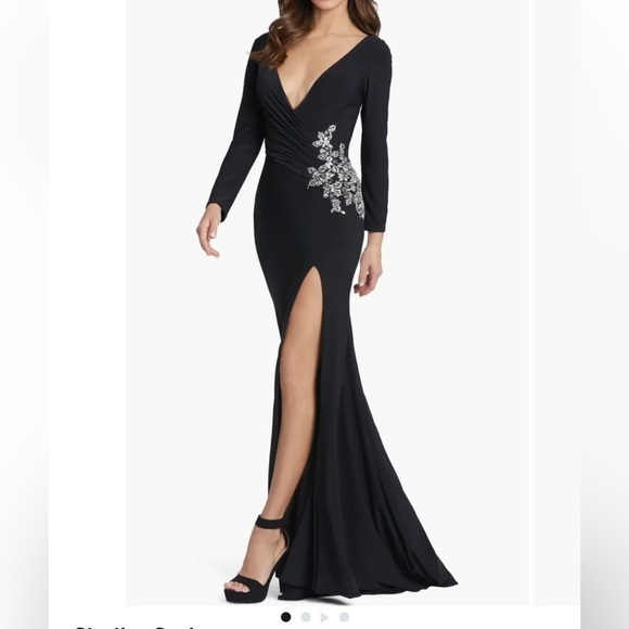 Mac Duggal Embellished Long Sleeve Plunge Neck Jersey Gown Dress - Picture 1 of 6